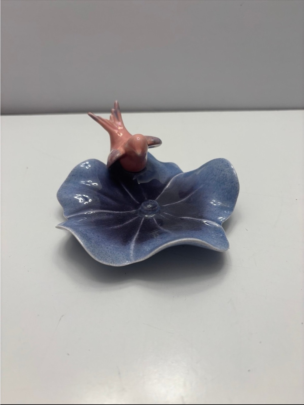 Vintage ceramic blue flower, trinket dish with pink bird figurine